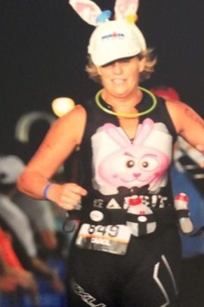 Carol Shuford at the finish line of her fourth Ironman in Wisconsin